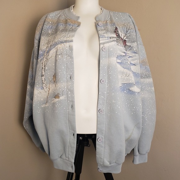 VTG Artisans Sunschein Winter Barn Birds Button Sweatshirt Grandma Cardigan XL - Picture 1 of 16